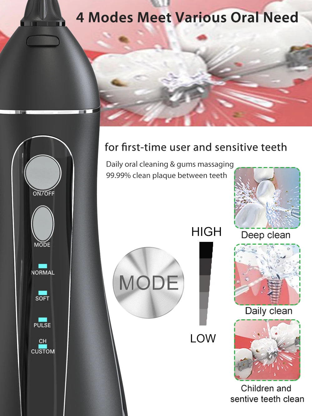 Dental Floss Portable Cordless F18 Oral Irrigator 3 Cleaning Modes Waterproof Rechargeable Dental Cleaner 4 Nozzles Clean Gums